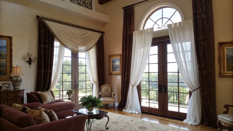 A stylish living room with large windows and elegant curtains