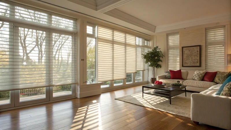 A modern living room with fabric Venetian blinds and soft sunlight.