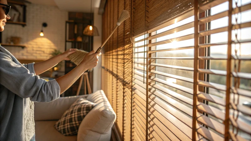 A close-up of woven wood blinds being cleaned in a sunlit room.
