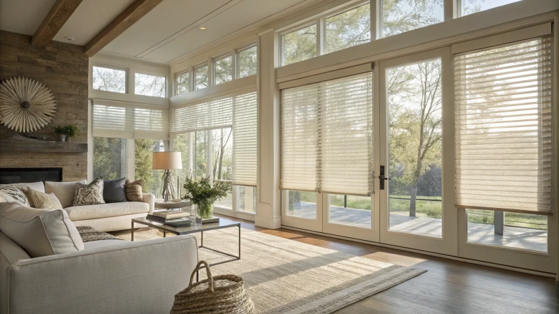 Modern living room with large windows and Veri Blinds
