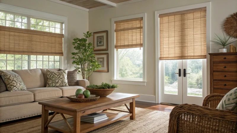 Cozy living room with wood woven blinds and natural decor