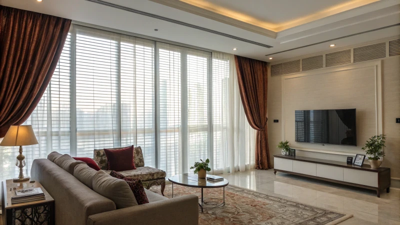 A modern living room with large window treatments