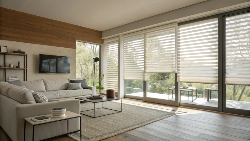 Modern living room with motorized Veri Blinds and contemporary furniture