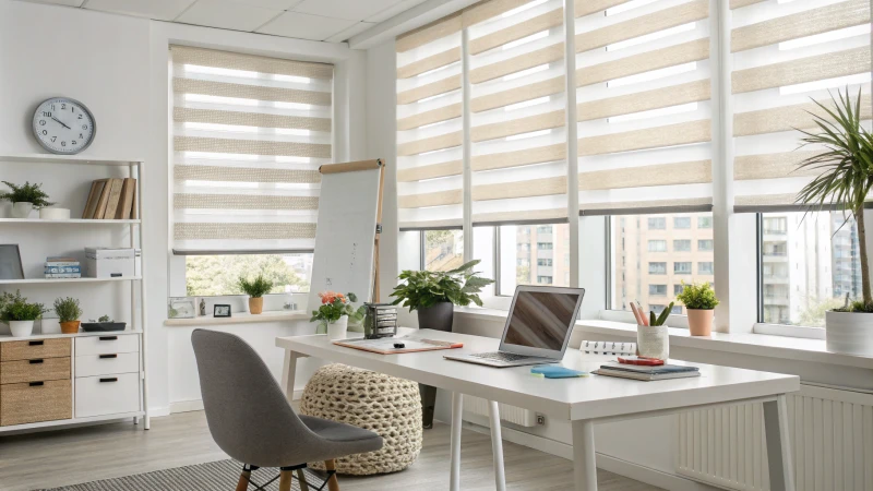 Modern office space with beige and white Veri Blinds and a desk setup