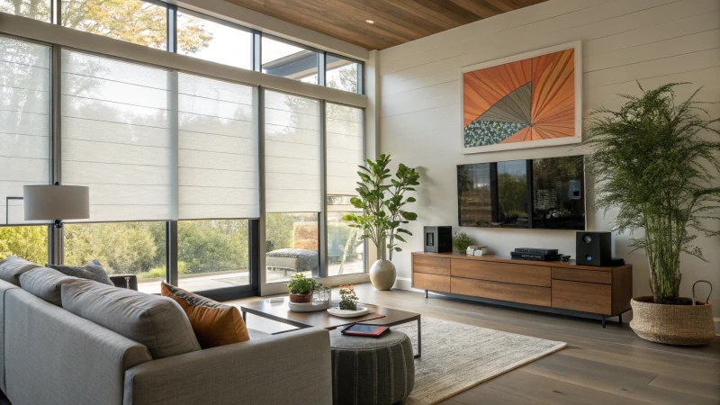 Modern living room with large windows and motorized blinds