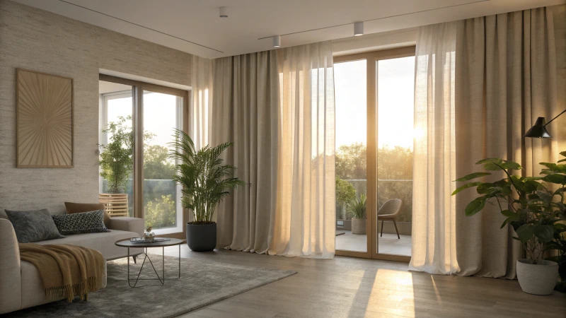 A modern living room with sunlight streaming through curtains