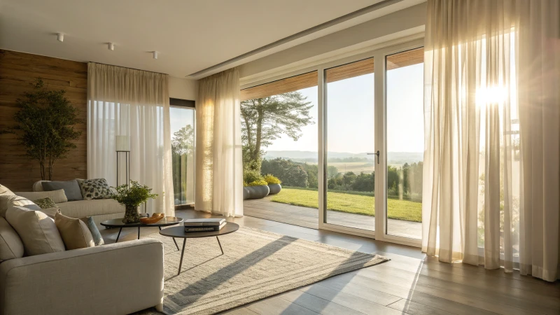 Modern living room with motorized curtains open to a sunny outdoor view