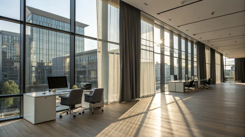 A modern office interior with large glass windows and motorized curtains