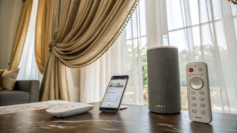 Display of control options for motorized curtains with remote, smartphone, and smart speaker